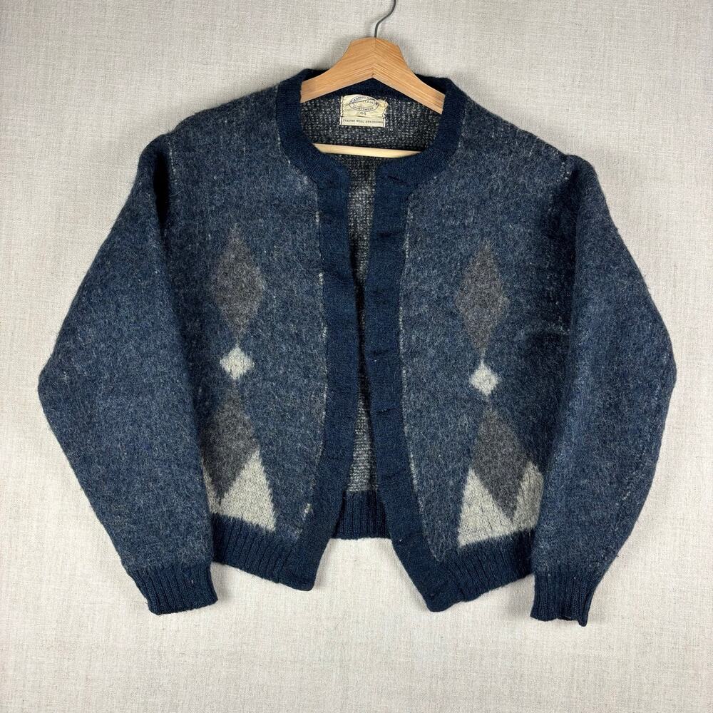 Vintage Mohair Wool 1960s Argyle Diamond Puritan Cardigan Size 44